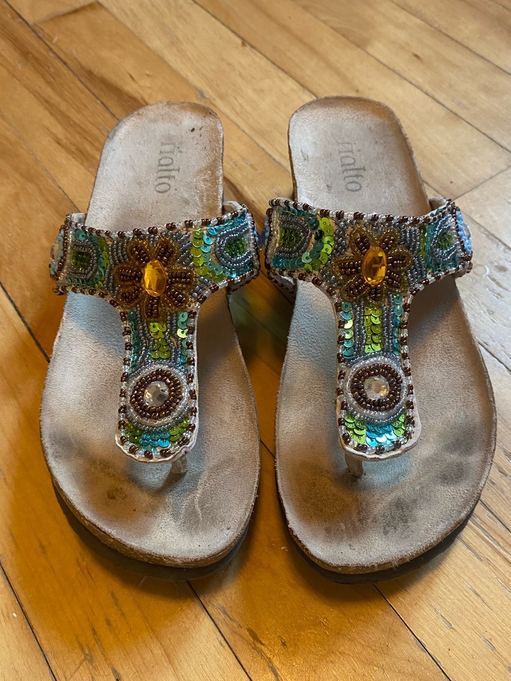 Y2K Beaded Jewel-Embellished Women's Thong Sandals Multicolor Sequins Green Blue